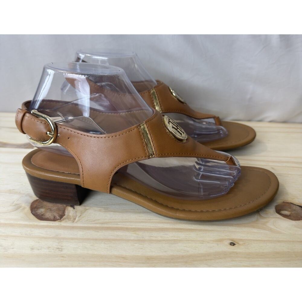 Tommy Hilfiger Women Thong Sandals Brown Ankle Strap Gold Buckle Open Size 8 M